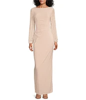 Marina Boat Neck Long Beaded Elastic Cuff Sleeve Matte Jersey Back Slit Sheath Gown