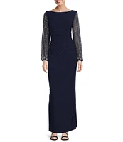 Marina Boat Neck Long Beaded Elastic Cuff Sleeve Matte Jersey Back Slit Sheath Gown