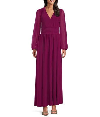 Marina Long Illusion Sleeve V-Neck Chiffon Maxi Dress