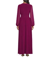 Marina Long Illusion Sleeve V-Neck Chiffon Maxi Dress