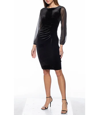 Marina Long Sheer Sleeve Crew Neck Stretch Velvet Sheath Dress