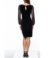 Marina Long Sheer Sleeve Crew Neck Stretch Velvet Sheath Dress