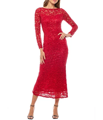 Marina Long Sleeve Illusion Boat Neck Sequin Lace Midi Dress