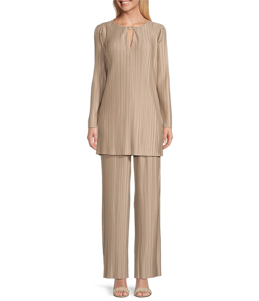 Marina Long Sleeve Keyhole Neck Pleated Knit 2-Piece Pant Set