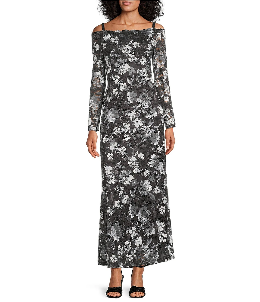 Marina Long Sleeve Off The Shoulder Scalloped Floral Maxi Dress