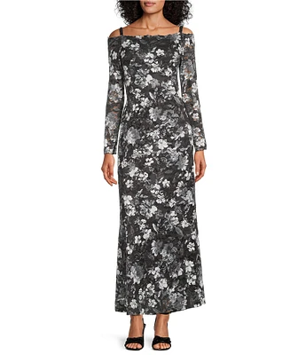 Marina Long Sleeve Off The Shoulder Scalloped Floral Maxi Dress
