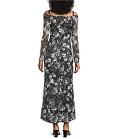 Marina Long Sleeve Off The Shoulder Scalloped Floral Maxi Dress