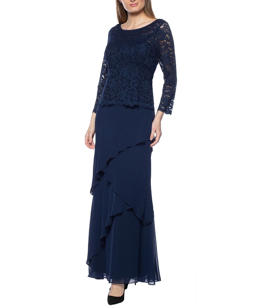 Marina 3/4 Sleeve Round Neck Glitter Lace Bodice Long Dress