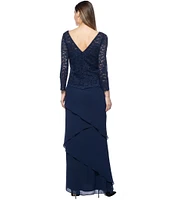 Marina 3/4 Sleeve Round Neck Glitter Lace Bodice Long Dress