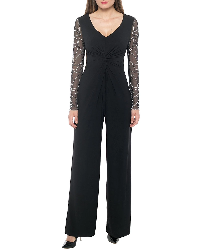 Marina Matte Jersey Sheer Beaded Long Sleeve V-Neck Knot Bodice Jumpsuit