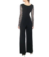 Marina Matte Jersey Sheer Beaded Long Sleeve V-Neck Knot Bodice Jumpsuit