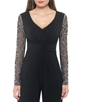 Marina Matte Jersey Sheer Beaded Long Sleeve V-Neck Knot Bodice Jumpsuit