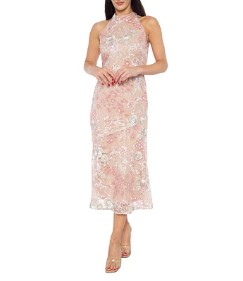 Marina Mock Neck Embroidered Sequin Sheath Dress