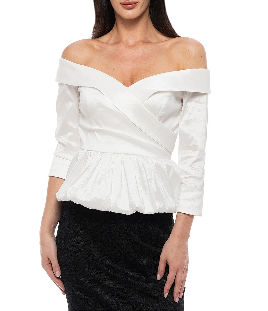 Marina Off-The-Shoulder 3/4 Sleeve Stretch Taffeta Bubble Peplum Top