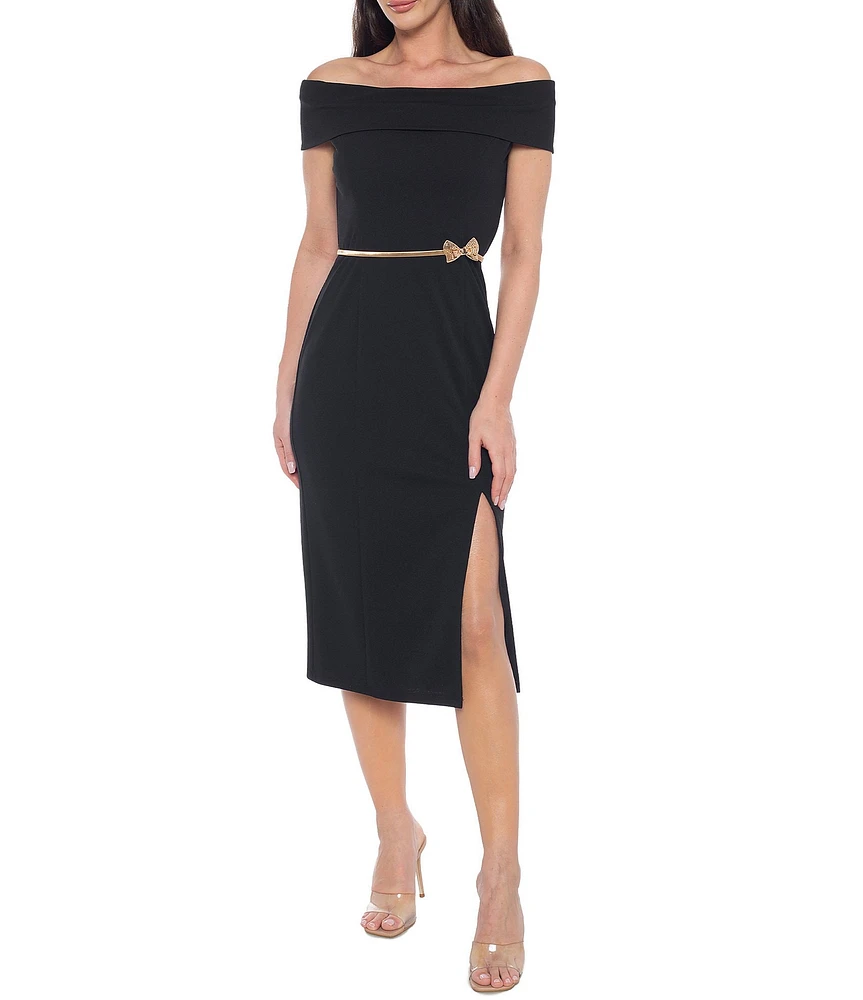Marina Off-the-Shoulder Belted Sheath Dress