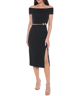 Marina Off-the-Shoulder Belted Sheath Dress