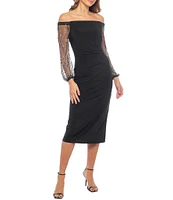 Marina Off-the-Shoulder Neck Long Beaded Sleeve Side Ruched Sheath Dress