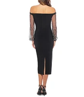 Marina Off-the-Shoulder Neck Long Beaded Sleeve Side Ruched Sheath Dress