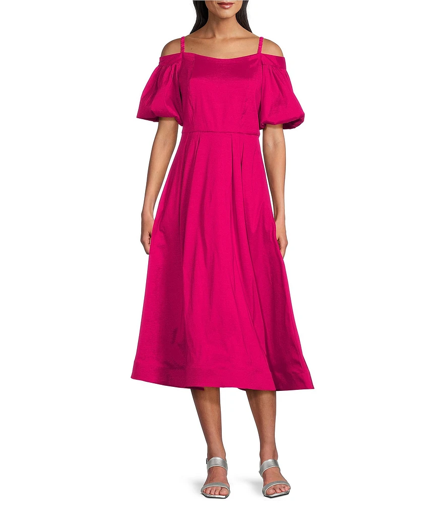 Marina Off the Shoulder Short Puff Sleeve Stretch Taffeta Fit and Flare Dress