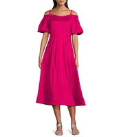 Marina Off the Shoulder Short Puff Sleeve Stretch Taffeta Fit and Flare Dress