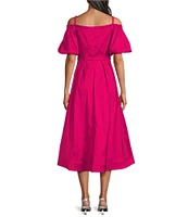 Marina Off the Shoulder Short Puff Sleeve Stretch Taffeta Fit and Flare Dress