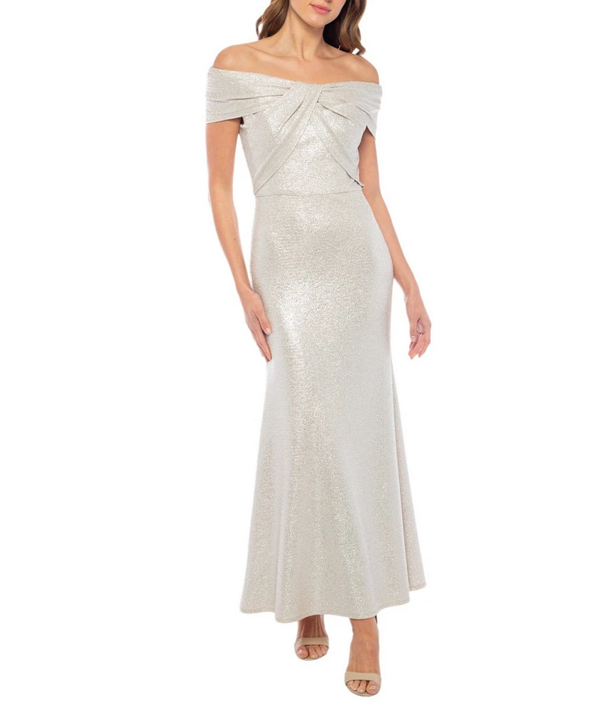 Marina Off-the-Shoulder Short Sleeve Twist Front Metallic Knit Gown