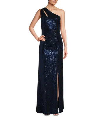 Marina One Shoulder Keyhole Detail Sleeveless Sequin Sheath Gown