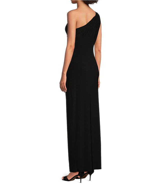 open lace back dress Marina Scuba Crepe One Shoulder Puff Sleeve Overlay Skirt Jumpsuit Dress