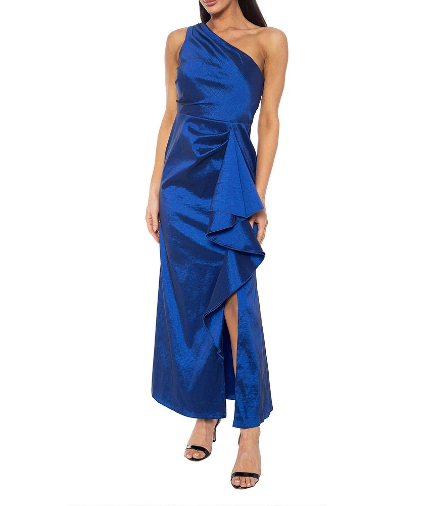 Marina One Shoulder Sleeveless Front Slit Ruffle Taffeta Gown