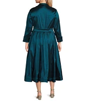 Marina Plus Size 3/4 Sleeve Point Collar Neck Tie Waist Taffeta Midi A-Line Dress