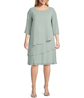 Marina Plus Size 3/4 Split Sleeve Round Keyhole Neck Tiered Chiffon Dress