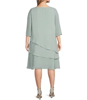 Marina Plus Size 3/4 Split Sleeve Round Keyhole Neck Tiered Chiffon Dress