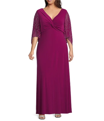 Marina Plus Size Beaded Short Sleeve Jersey Knot Front Dress