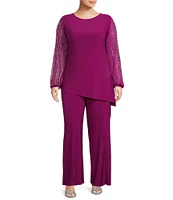 Marina Plus Size Beaded Long Sleeve Crew Neck 2-Piece Pant Set