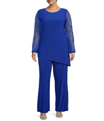 Marina Plus Size Beaded Long Sleeve Crew Neck 2-Piece Pant Set