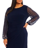 Marina Plus Size Boat Neck Long Beaded Sleeve Elastic Cuff Back Slit Matte Jersey Gown