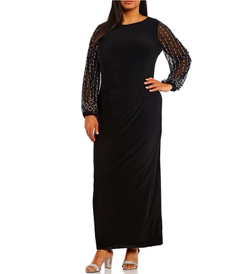 Marina Plus Size Boat Neck Long Beaded Sleeve Elastic Cuff Back Slit Matte Jersey Gown