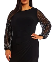 Marina Plus Size Boat Neck Long Beaded Sleeve Elastic Cuff Back Slit Matte Jersey Gown