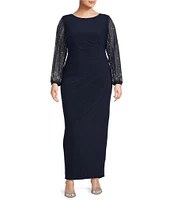 Marina Plus Size Boat Neck Long Beaded Sleeve Elastic Cuff Back Slit Matte Jersey Gown