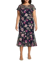 Marina Plus Size Crew Neck Short Sleeve Floral Embroidered Sheath Midi Dress