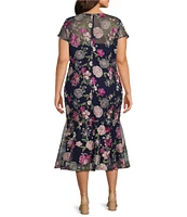 Marina Plus Size Crew Neck Short Sleeve Floral Embroidered Sheath Midi Dress