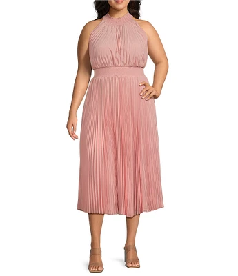 Marina Plus Size Halter Mock Neck Smocked Pleated Crepe Chiffon A-Line Midi Dress