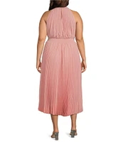 Marina Plus Size Halter Mock Neck Smocked Pleated Crepe Chiffon A-Line Midi Dress