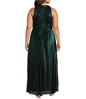 Marina Plus Size Halter V-Neck Sleeveless Foil Pleated Gown