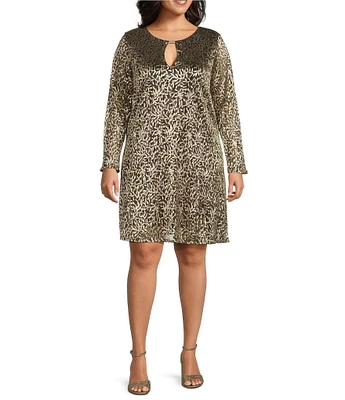 Marina Plus Size Keyhole Neck 3/4 Sleeve Metallic Printed Sheath Dress