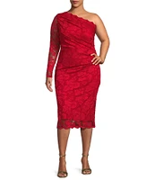 Marina Plus Size Lace One Shoulder Long Sleeve Sheath Dress