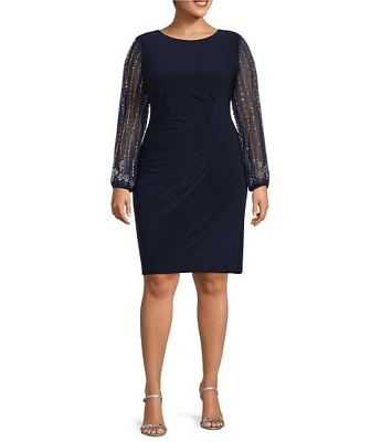 Marina Plus Size Long Beaded Sleeves Round Neck Jersey Sheath Dress