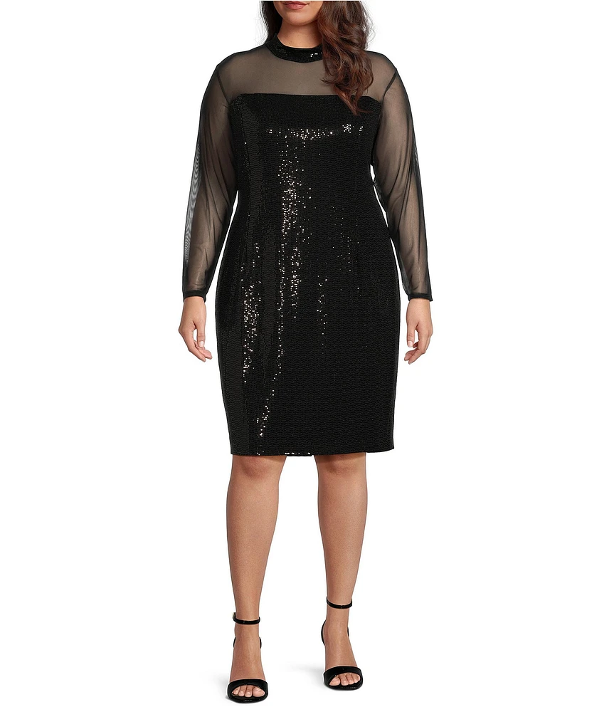 Marina Plus Size Mesh Disco Dot Mock Neck Long Sleeve Cocktail Bodycon Dress