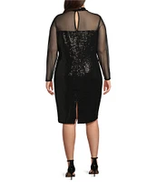 Marina Plus Size Mesh Disco Dot Mock Neck Long Sleeve Cocktail Bodycon Dress