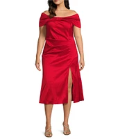 Marina Plus Size Off-The-Shoulder Short Sleeve Side Slit Taffeta Gown